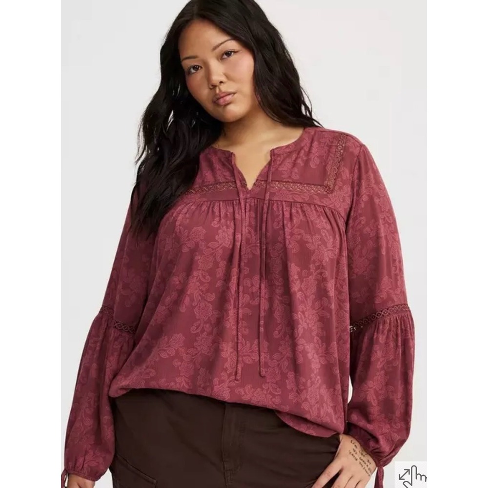 Torrid Burgundy Floral Jacquard Lace Trim Peasant Blouse Top 3 Plus Size NEW